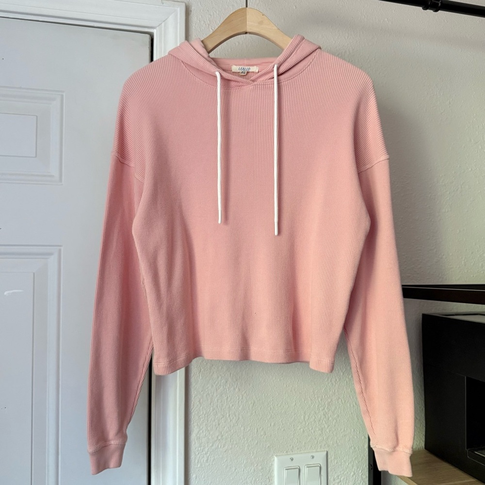 LEALLO light pink cotton waffle thermal knit boxy cropped long sleeve hoodie top